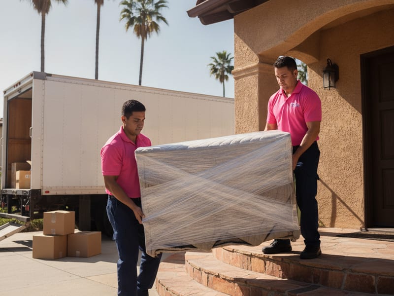 Master Movers San Diego mover in hot pink polo carrying a wrapped dresser down a San Diego apartment stairwell