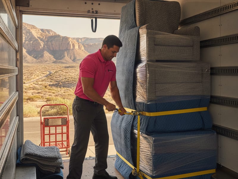 Long-distance moving truck loaded at a San Diego home with mover in hot pink polo securing the load