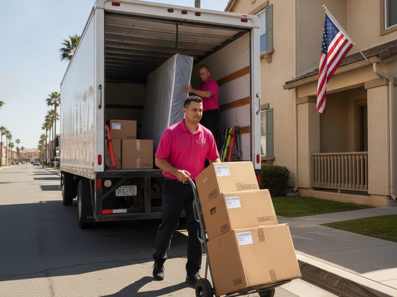 Master Movers San Diego truck staged at Camp Pendleton base housing for a PCS move with mover in hot pink polo