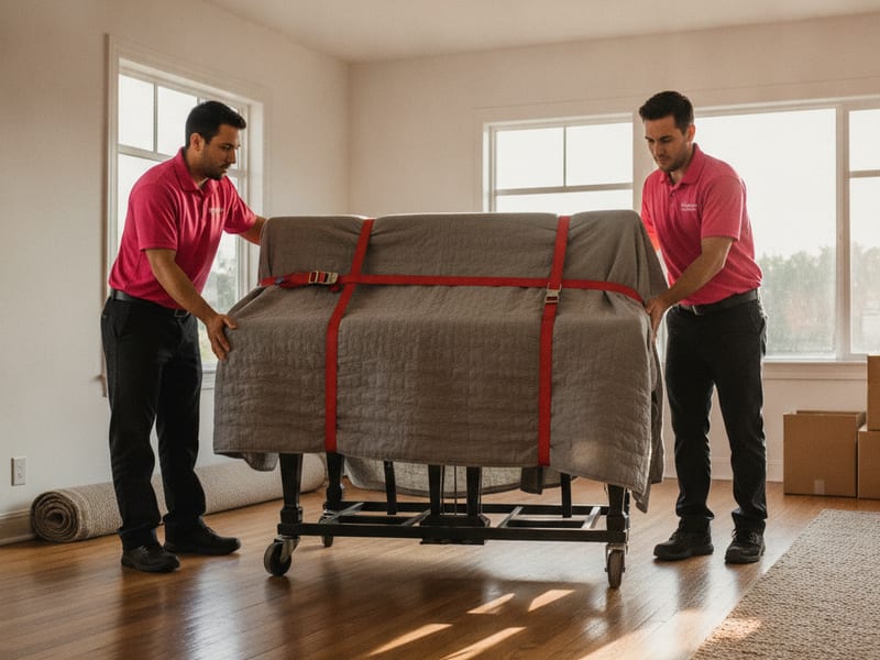 Four Master Movers San Diego movers in hot pink polos guiding an upright piano on a board down a San Diego stairwell