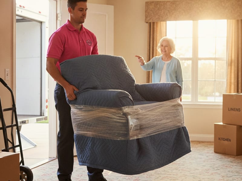 Master Movers San Diego mover in hot pink polo carefully wrapping a framed photograph for a San Diego senior client