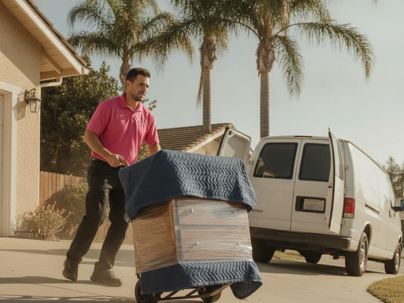 Master Movers San Diego mover in hot pink polo carrying a single dresser into a San Diego apartment on a small delivery run