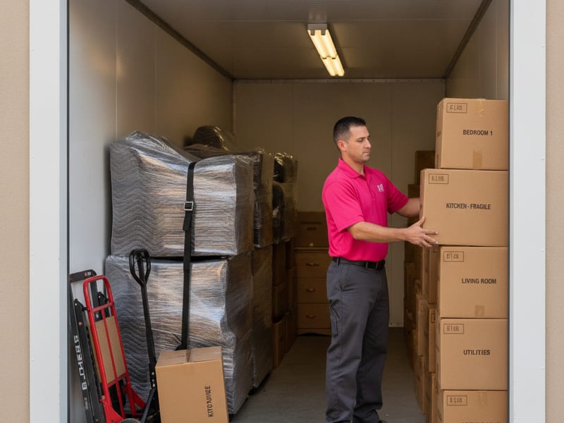 Wooden storage vaults stacked inside a climate-controlled Master Movers San Diego warehouse in San Diego